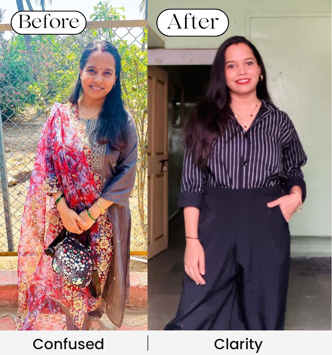Before-and-after festive and contemporary styling transformation for a woman